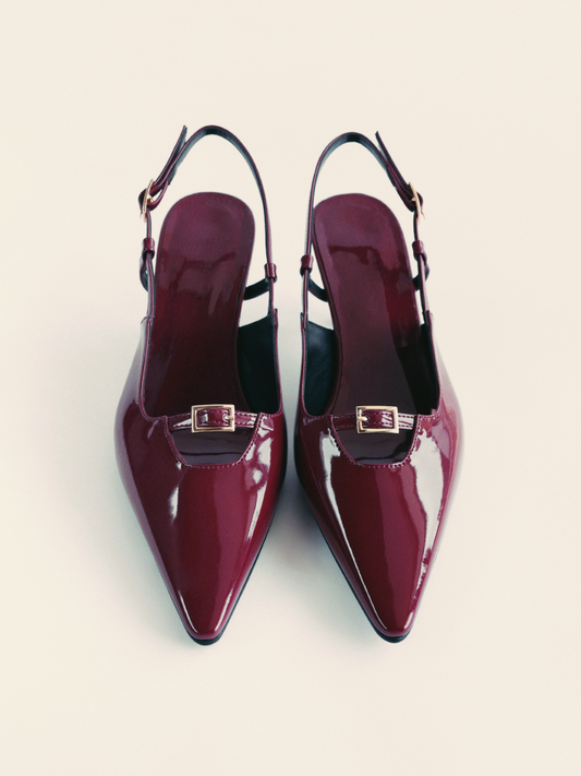 Maroon Patent Buckled Strap Hollow-Out Kitten Heels Slingback Pumps