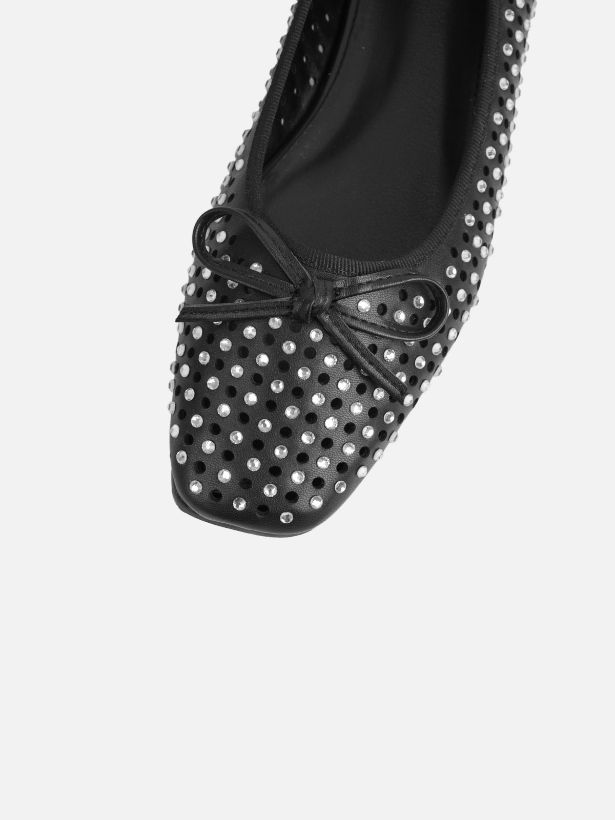 Black Shiny Rhinestone Perforations Bow Ballet Flats