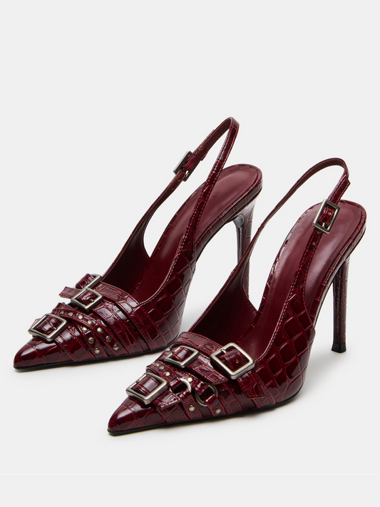 Red Stone Texture Vegan Leather Pointed-Toe Studded Buckles Slingback High Heels