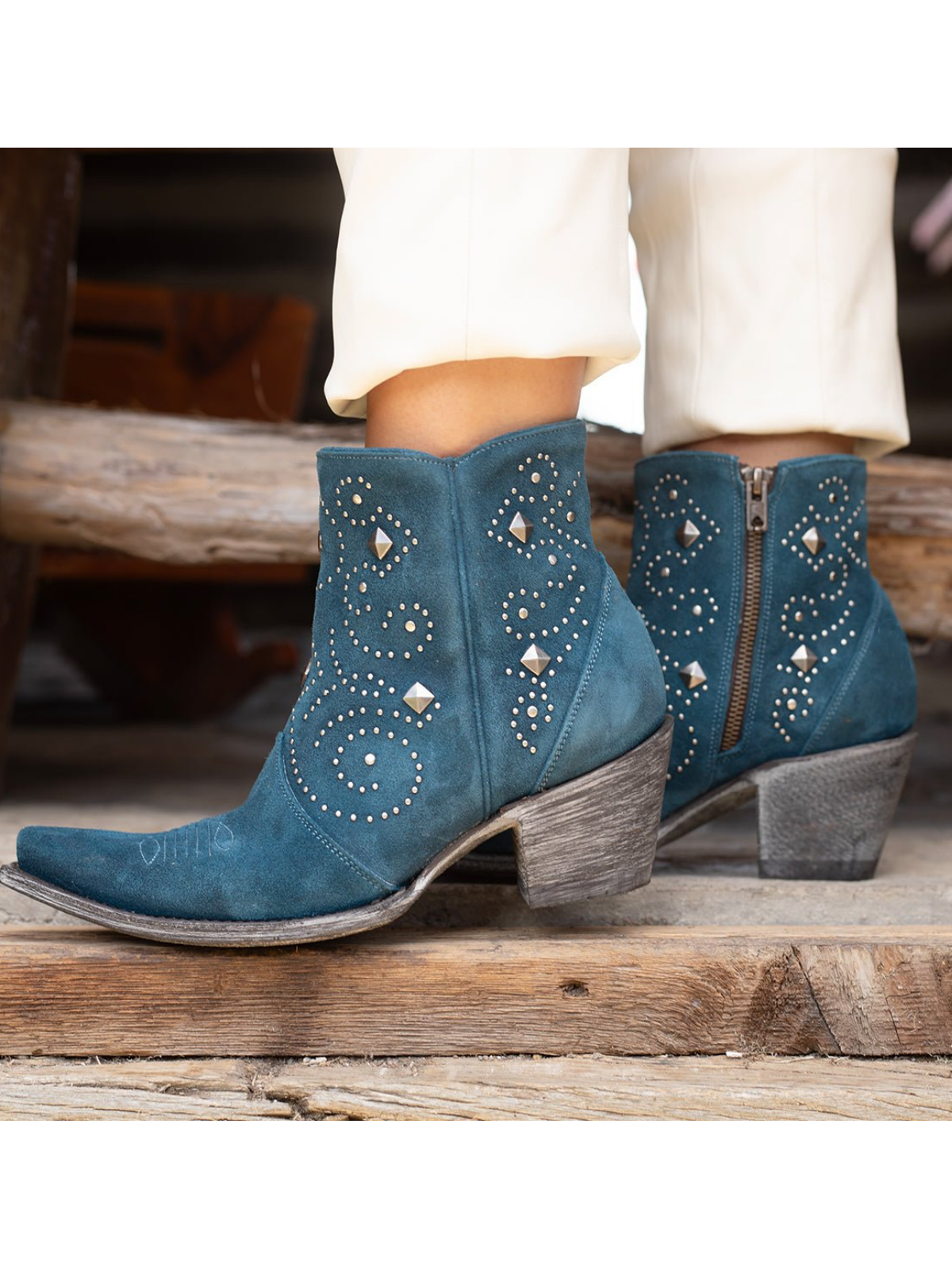 Teal Blue Snip-Toe Studded Full-Zip Short Mid Calf Cowgirl Boots