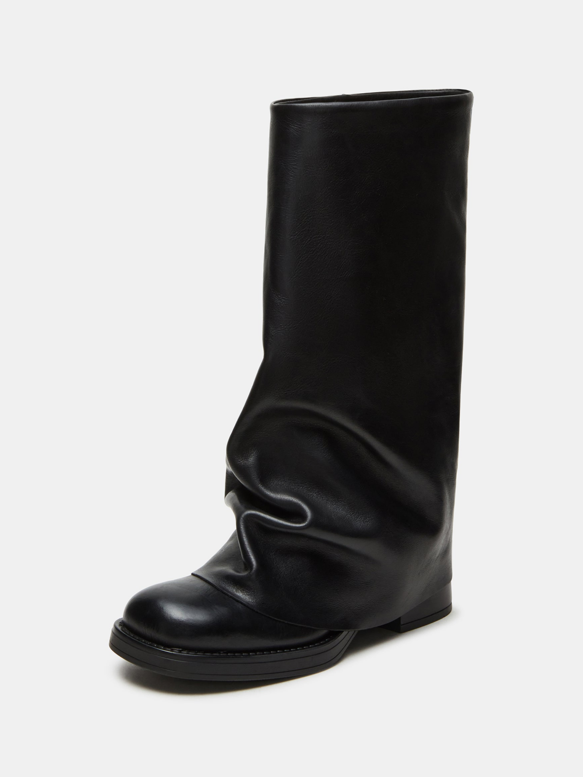 Black Round Square-Toe Fold-Over Wide Mid Calf Cowgirl Boots