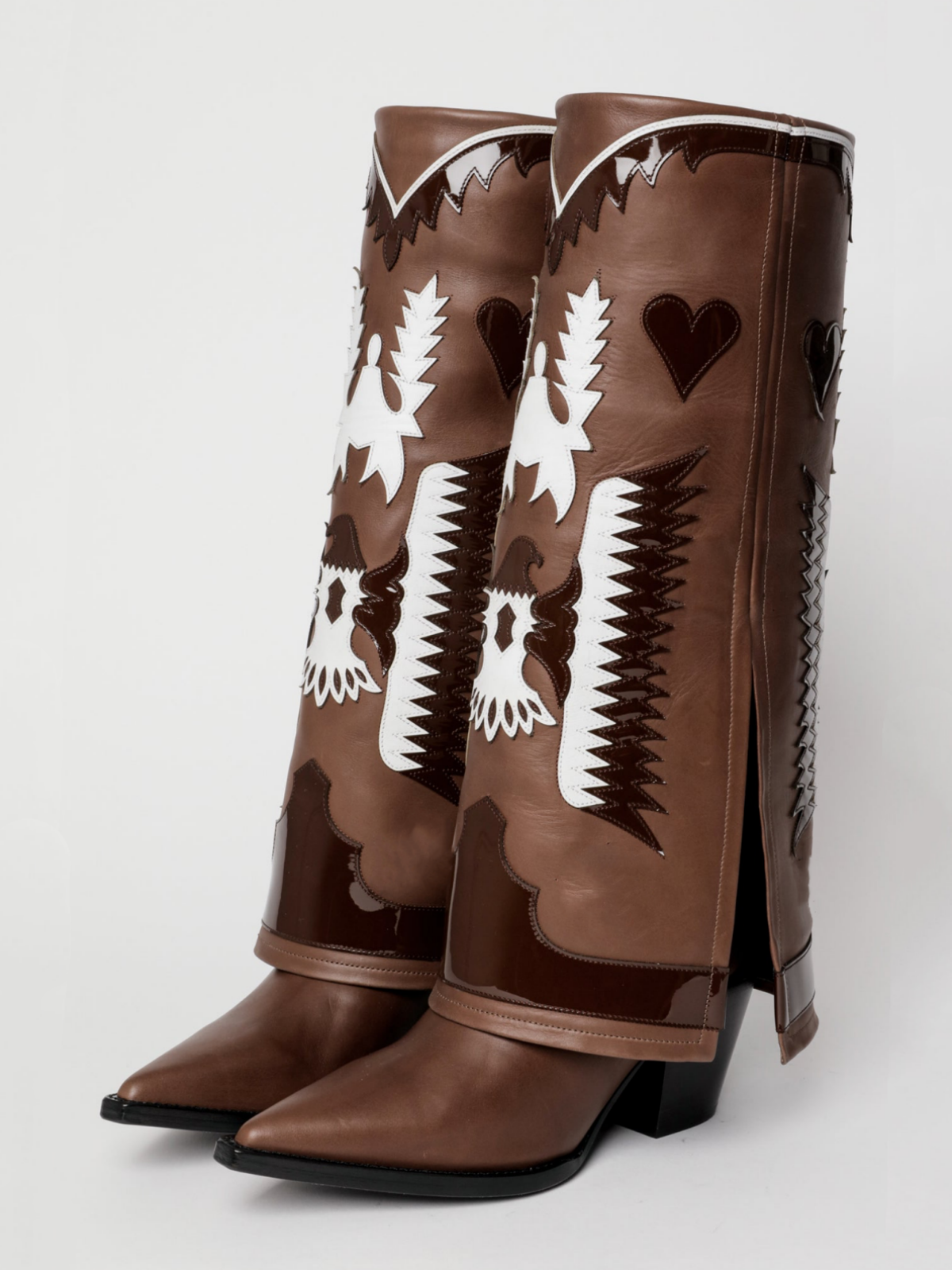 Fold-Over Panel Eagle And Heart Applique Snip-Toe Wide Mid Calf Boots - Brown