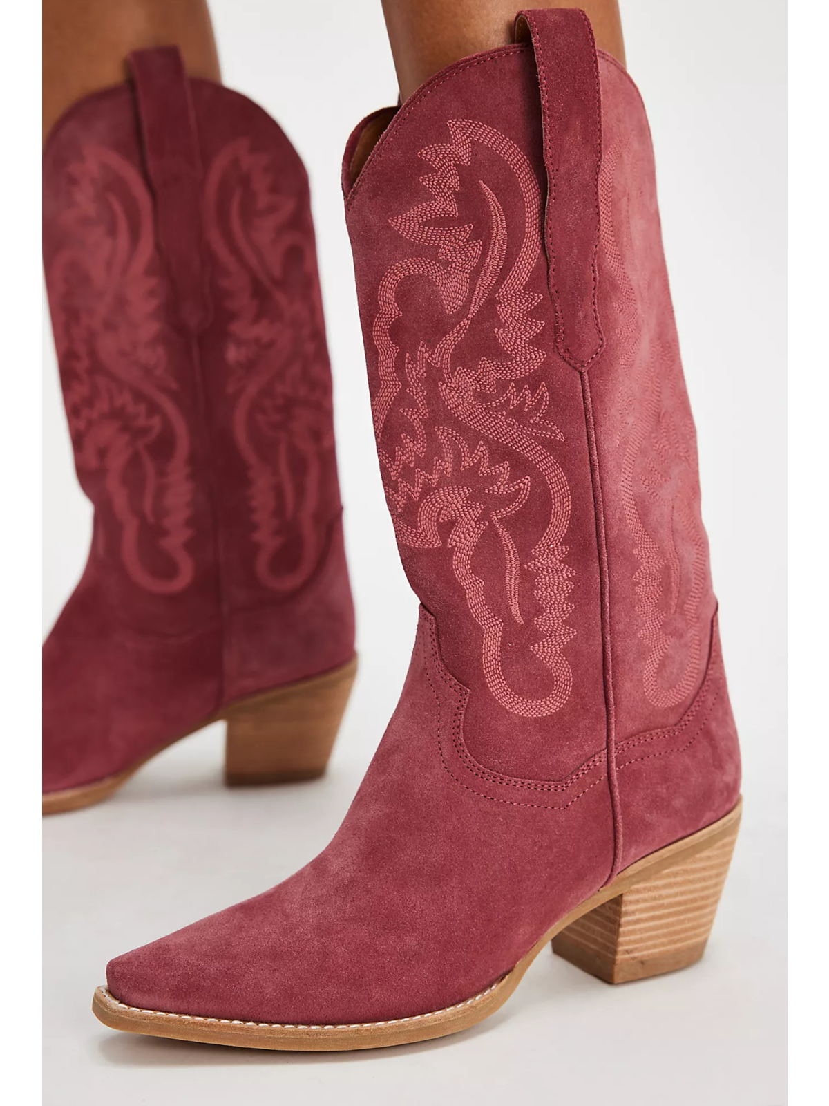 Pink Faux Suede Snip-Toe Embroidery Wide Mid Calf Cowgirl Boots