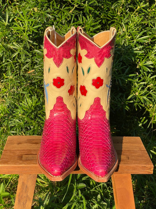Contrast Snakeskin Pink And Beige Snip-Toe Flowers Bird Inlay Mid Calf Cowgirl Boots