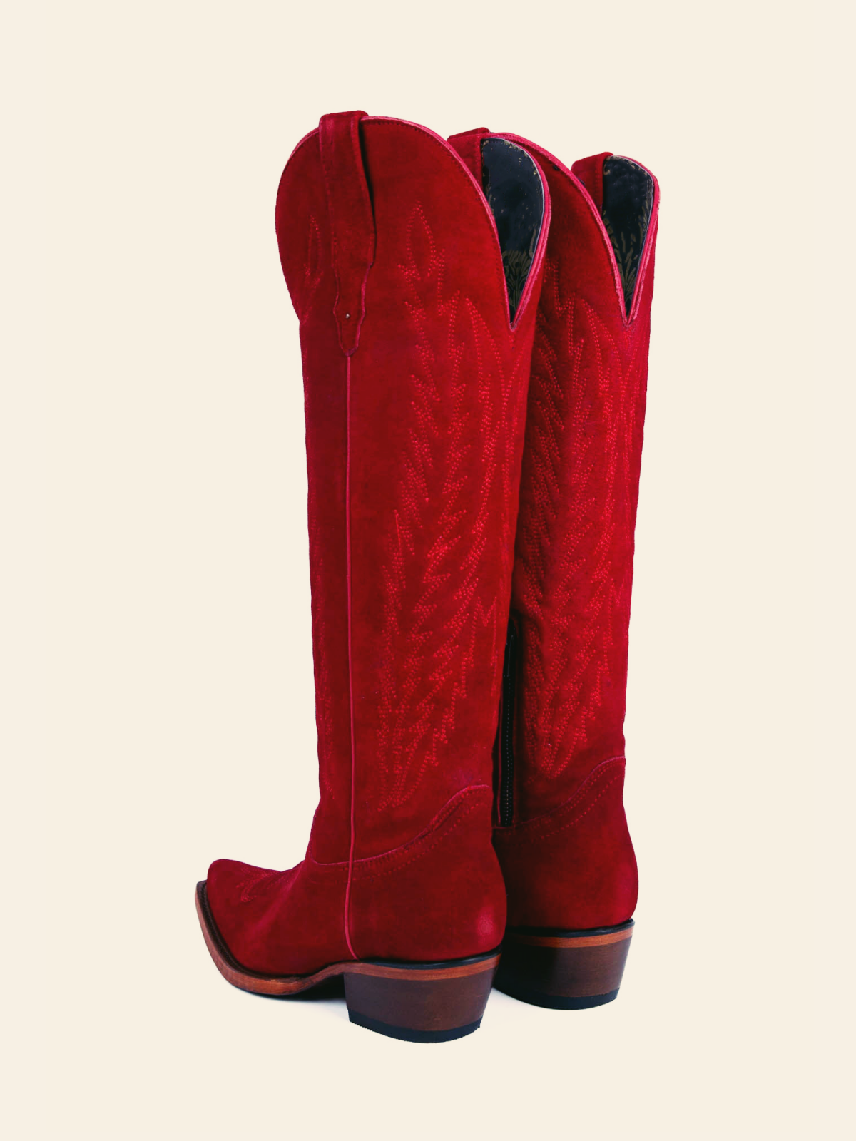 Red Faux Suede Embroidery Half Zip Cowgirl Boots Mid Calf Western Tall Boots