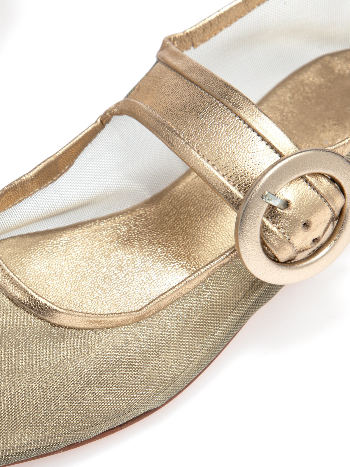 Metallic Gold Mesh Elongated Ballet Flats Mary Janes With Oversized Buckle