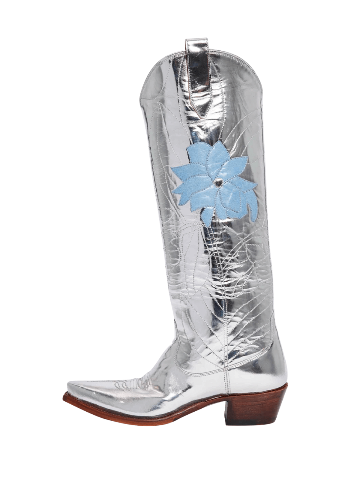 Metallic Silver Snip-Toe Embroidery Flower Applique Wide Calf Knee High Cowgirl Boots