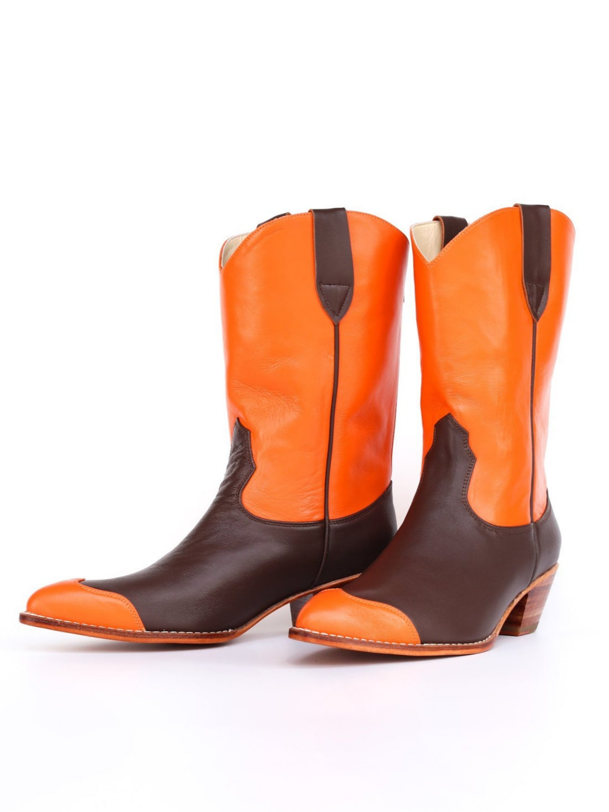 Contrast Orange And Brown Back-Zip Mid Calf Cowgirl Boots