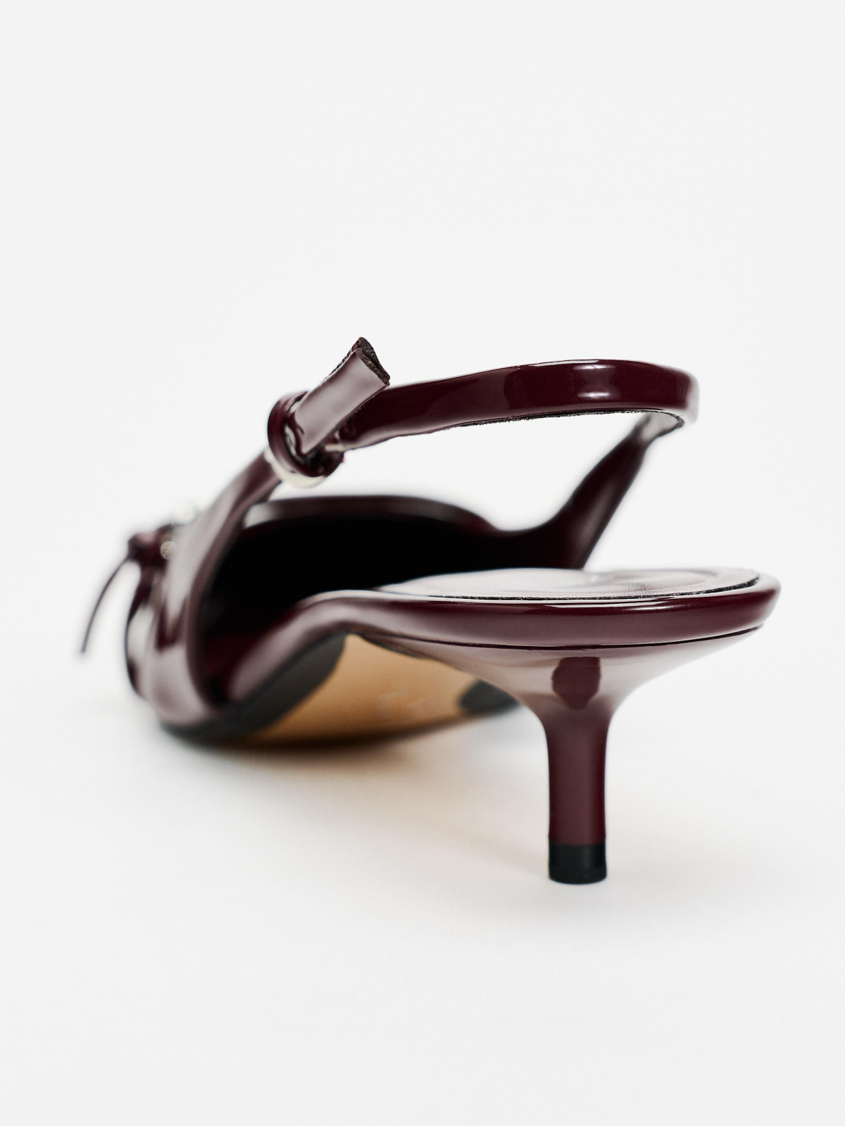 Patent Burgundy Pointed-Toe Front Strap With Buckle Slingback Kitten Heels