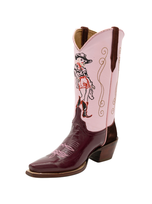 Contrast Pink And Patent Brown Snip-Toe Cowgirl Embroidery Mid Calf Cowgirl Boots