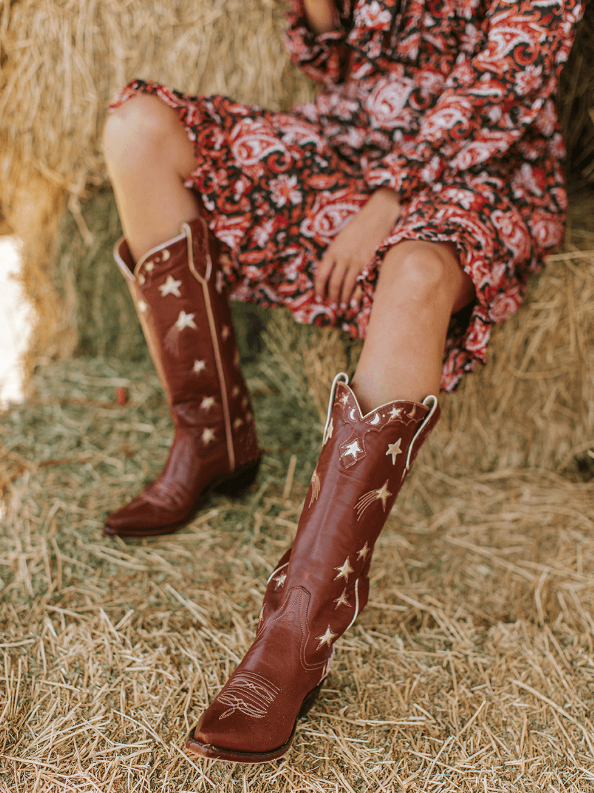 Metallic Moon Star Inlay Applique Mid Calf Cowgirl Tall Boots - Brown / Pale Gold