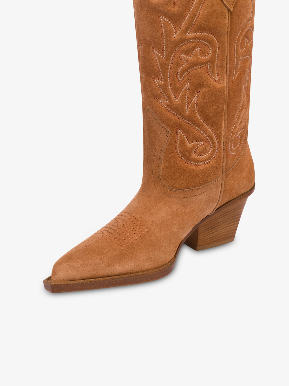 Caramel Faux Suede Snip-Toe Embroidery Wide Mid Calf Cowgirl Boots