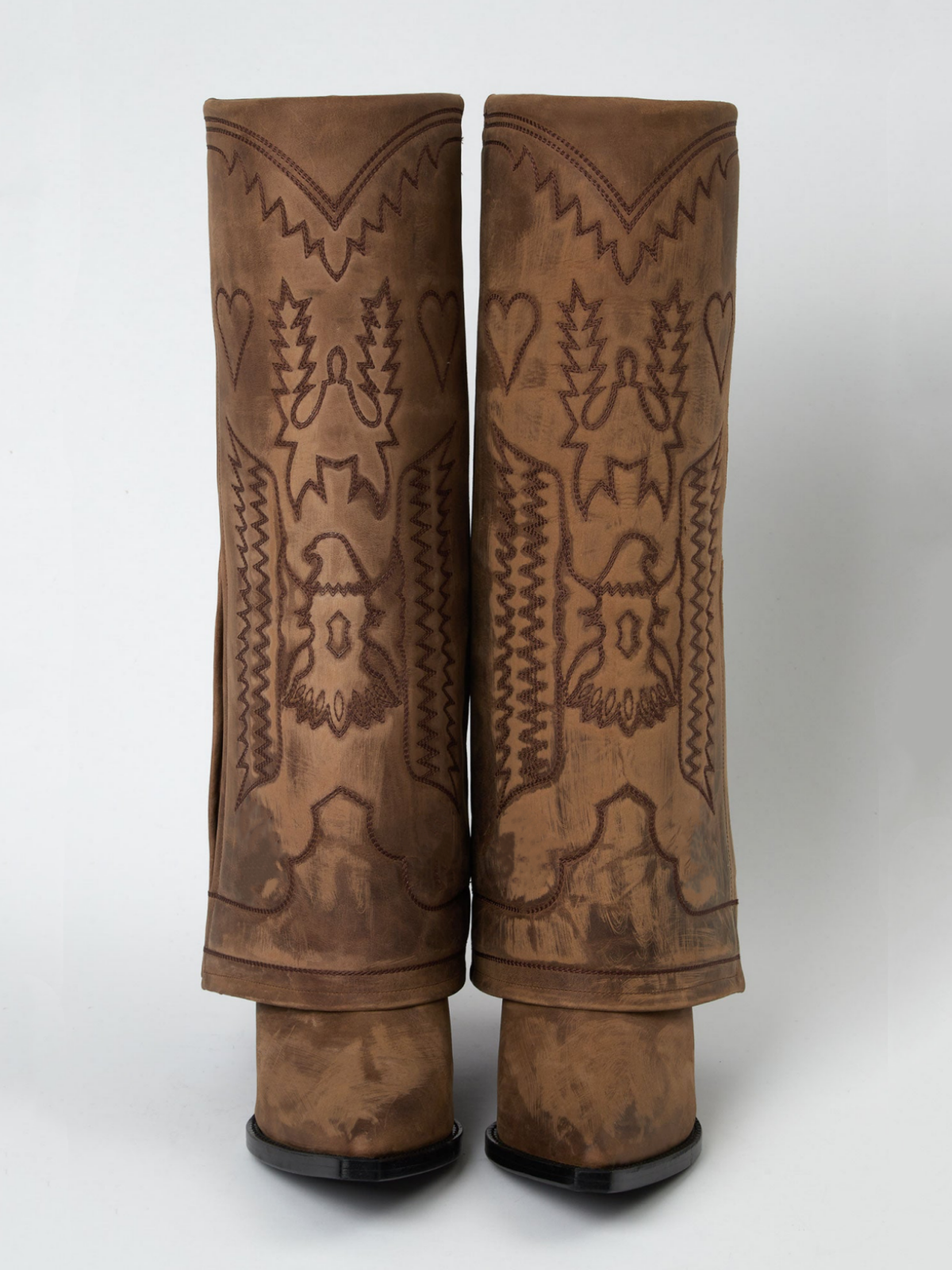 Fold-Over Panel Eagle And Heart Embroidery Snip-Toe Wide Mid Calf Boots - Distressed Camel