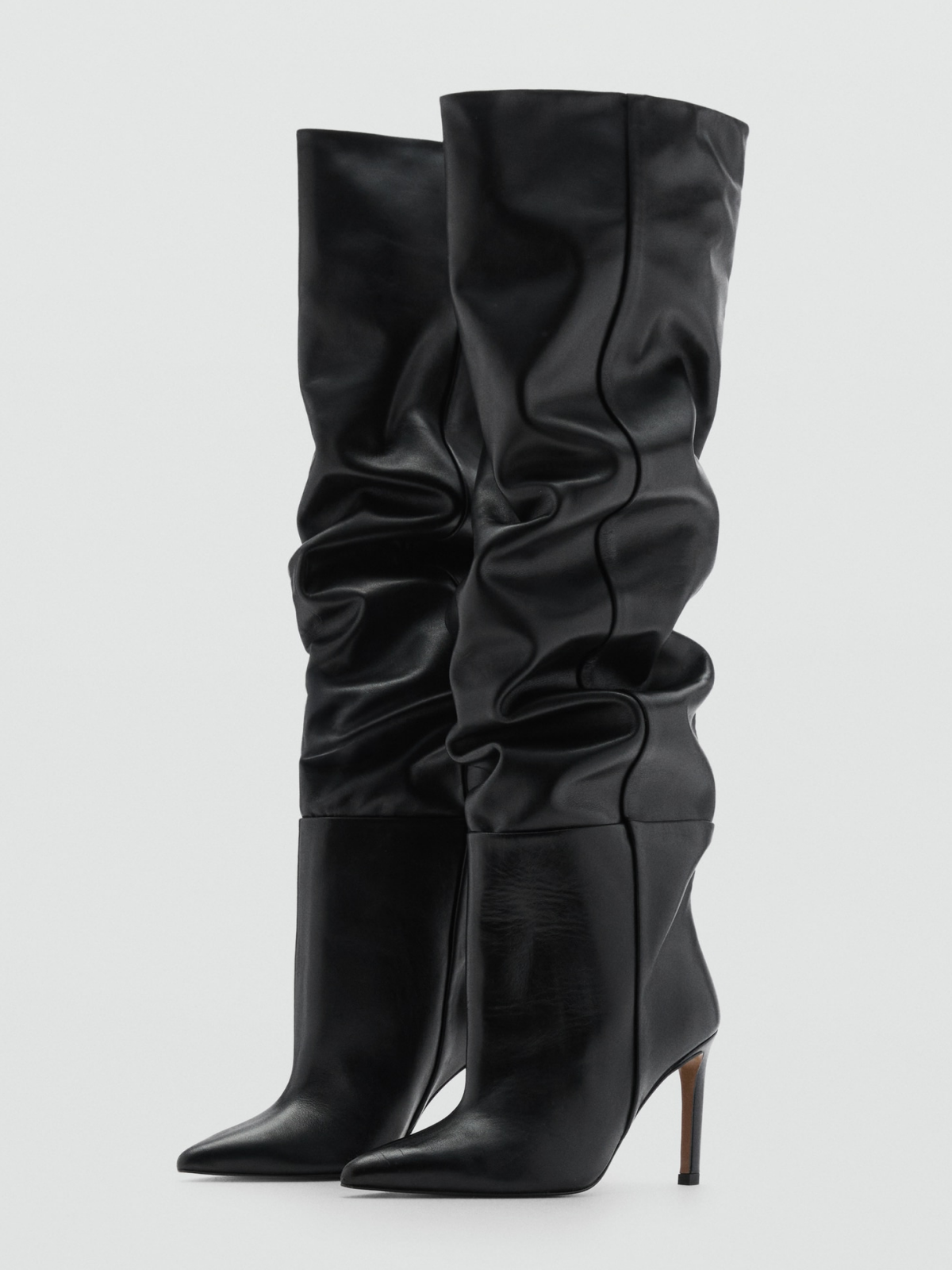 Black Pointed-Toe Pleat Tall Wide Calf Over-The-Knee Stiletto Boots