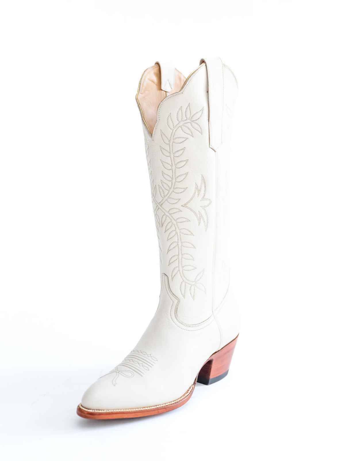 Leaves Embroidery Almond-Toe Wide Mid Calf Cowgirl Boots - Ivory