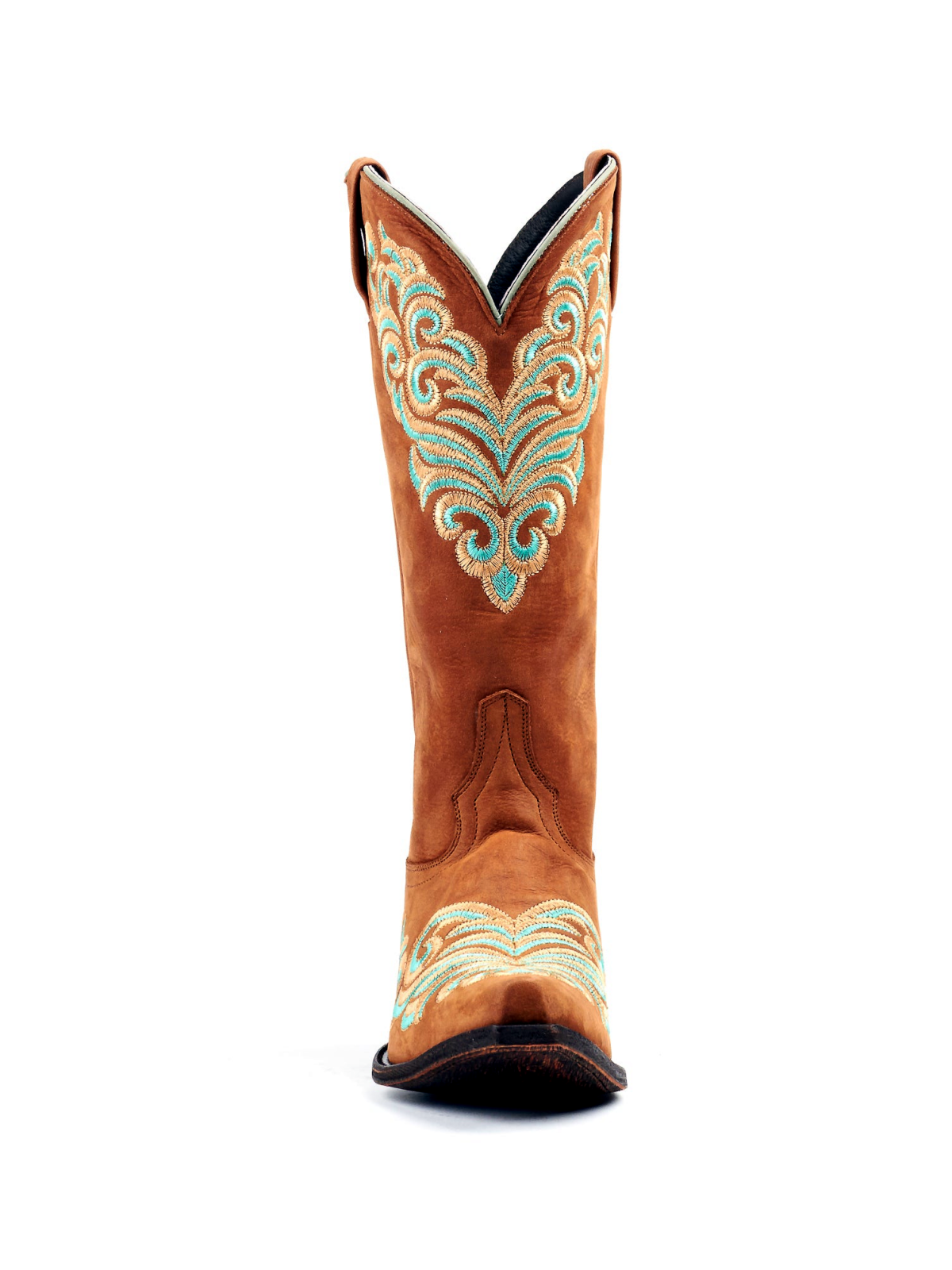 Brown Snip-Toe Colorful Filigree Embroidery Wide Mid Calf Cowgirl Boots