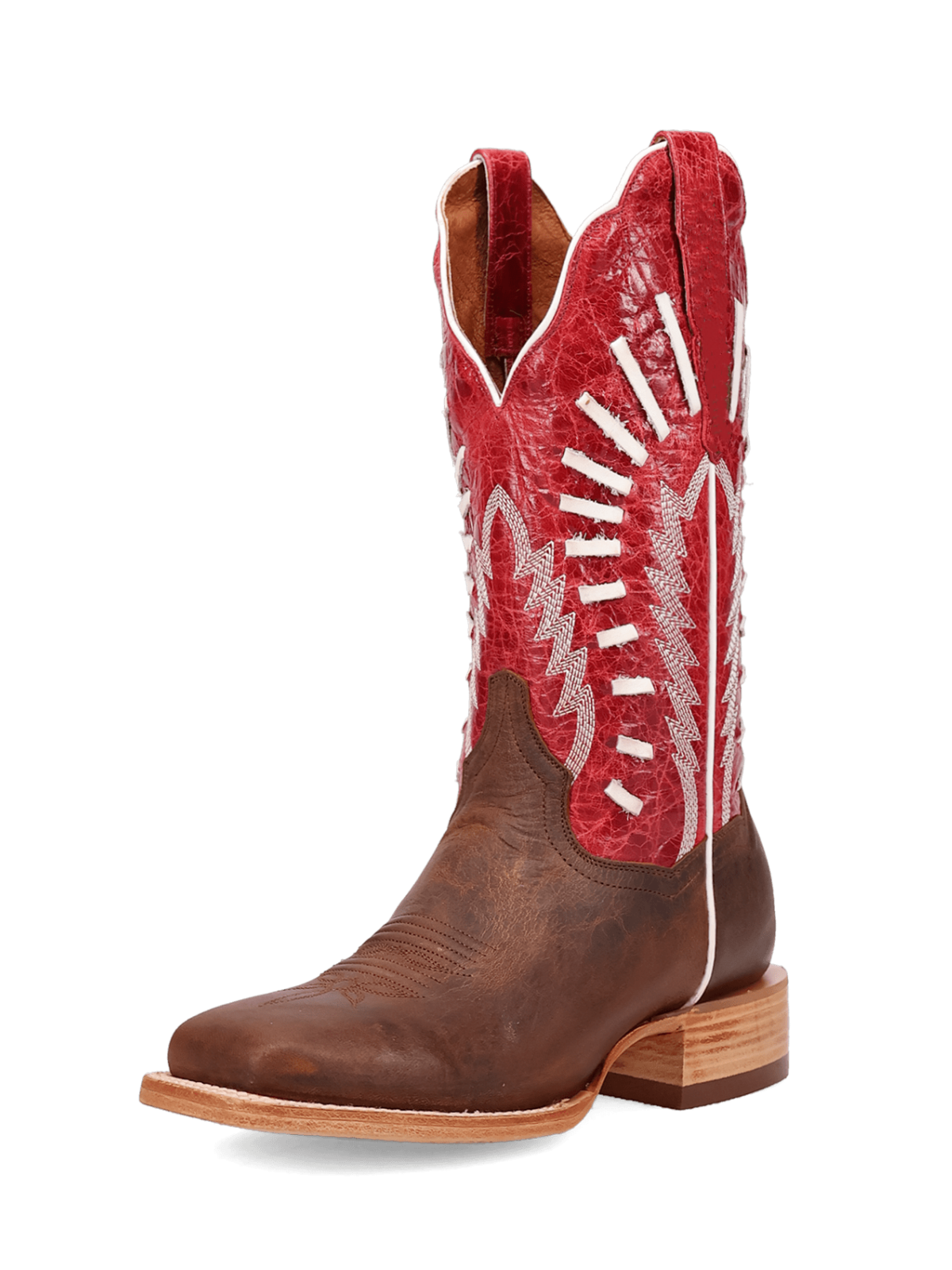 Contrast Brown And Distressed Red Square-Toe Embroidery And Running Stitch Wide Mid Calf Cowgirl Boots