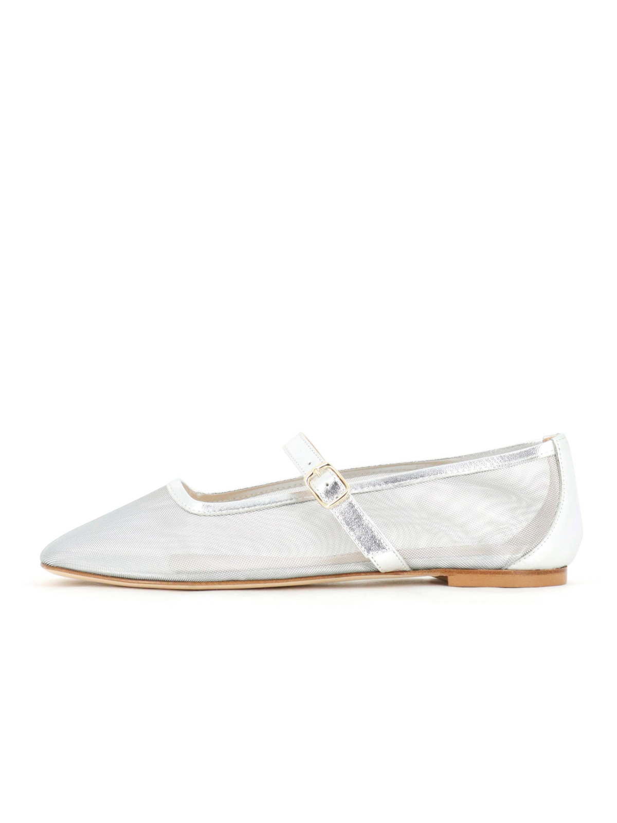 Metallic Round-Toe Ballet Flats Mary Janes with Adjustable Strap in Silver Mesh