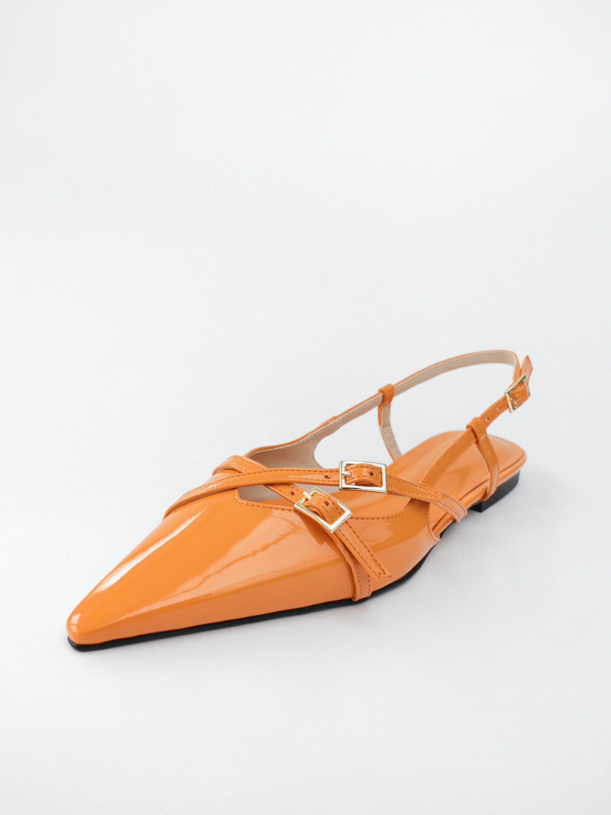 Orange Patent Buckle Detailed Pointy-Toe Ballet Flats Slingbacks