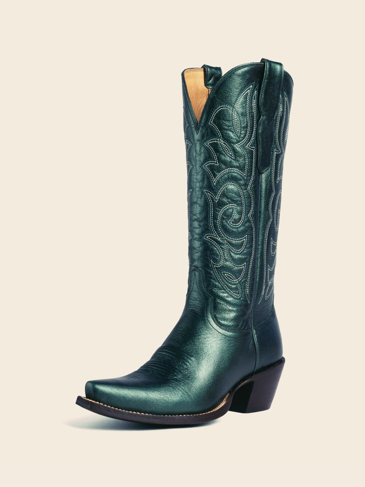 Metallic Green Embroidered Snip-Toe Mid Calf Western Boots Wide Calf Cowgirl Boots