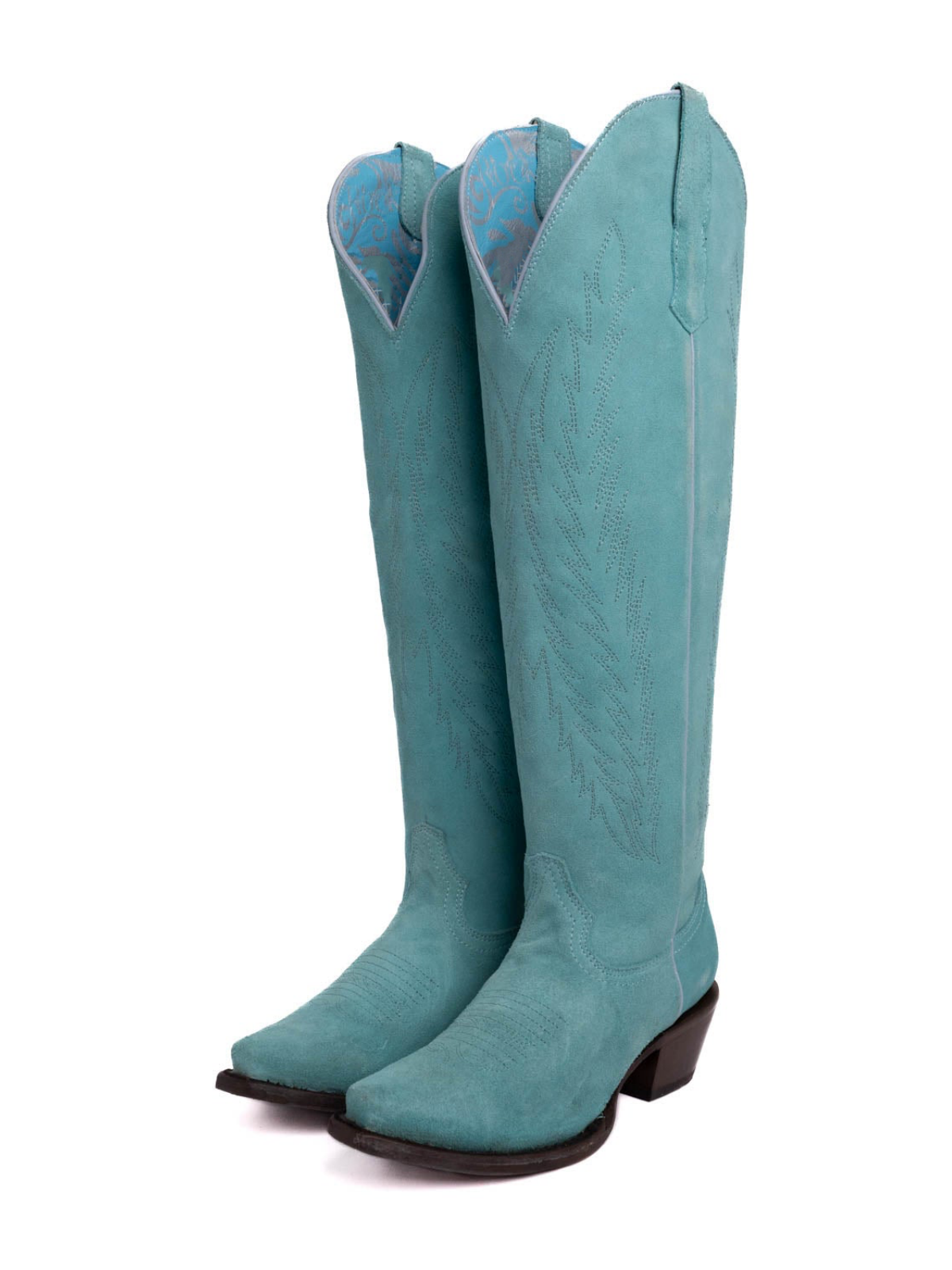 Faux Suede Snip-Toe Half-Zip Embroidery Knee High Tall Cowgirl Boots - Turquoise