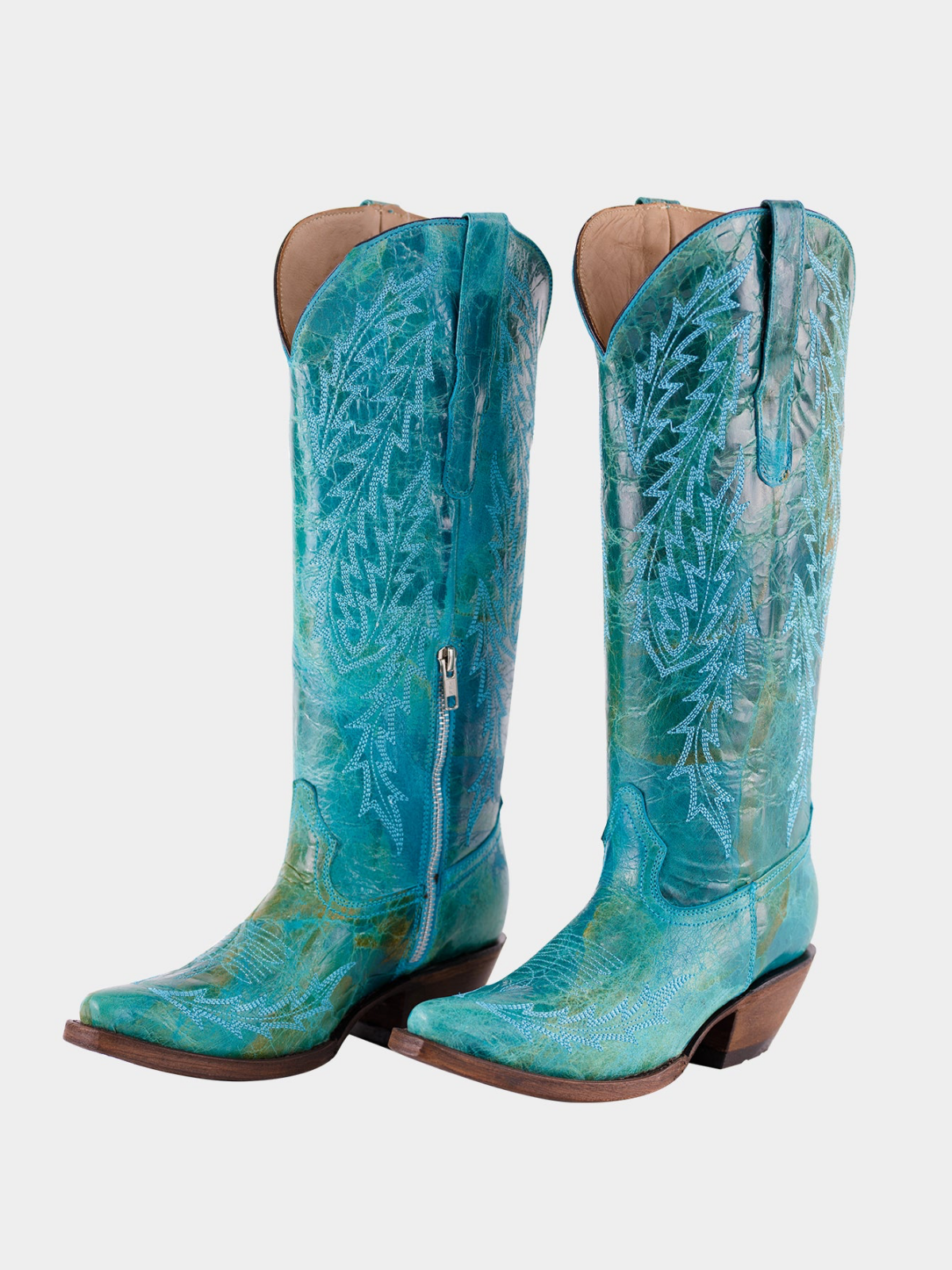 Distressed Snip-Toe Leaf Embroidery Half-Zip Mid Calf Tall Cowgirl Boots - Turquoise