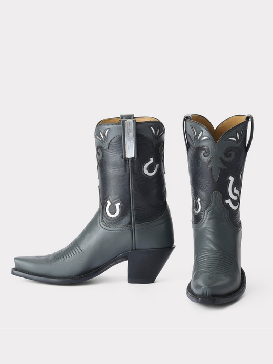 Contrast Grey And Dark Grey Snip-Toe Horseshoe Inlay Wide Mid Calf Cowgirl Boots