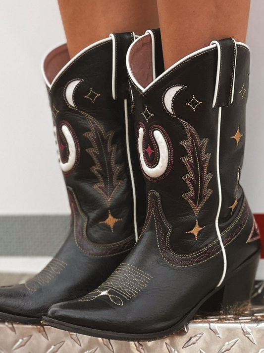 Black Almond-Toe Embroidery Moon Inlay Wide Mid Calf Cowgirl Boots