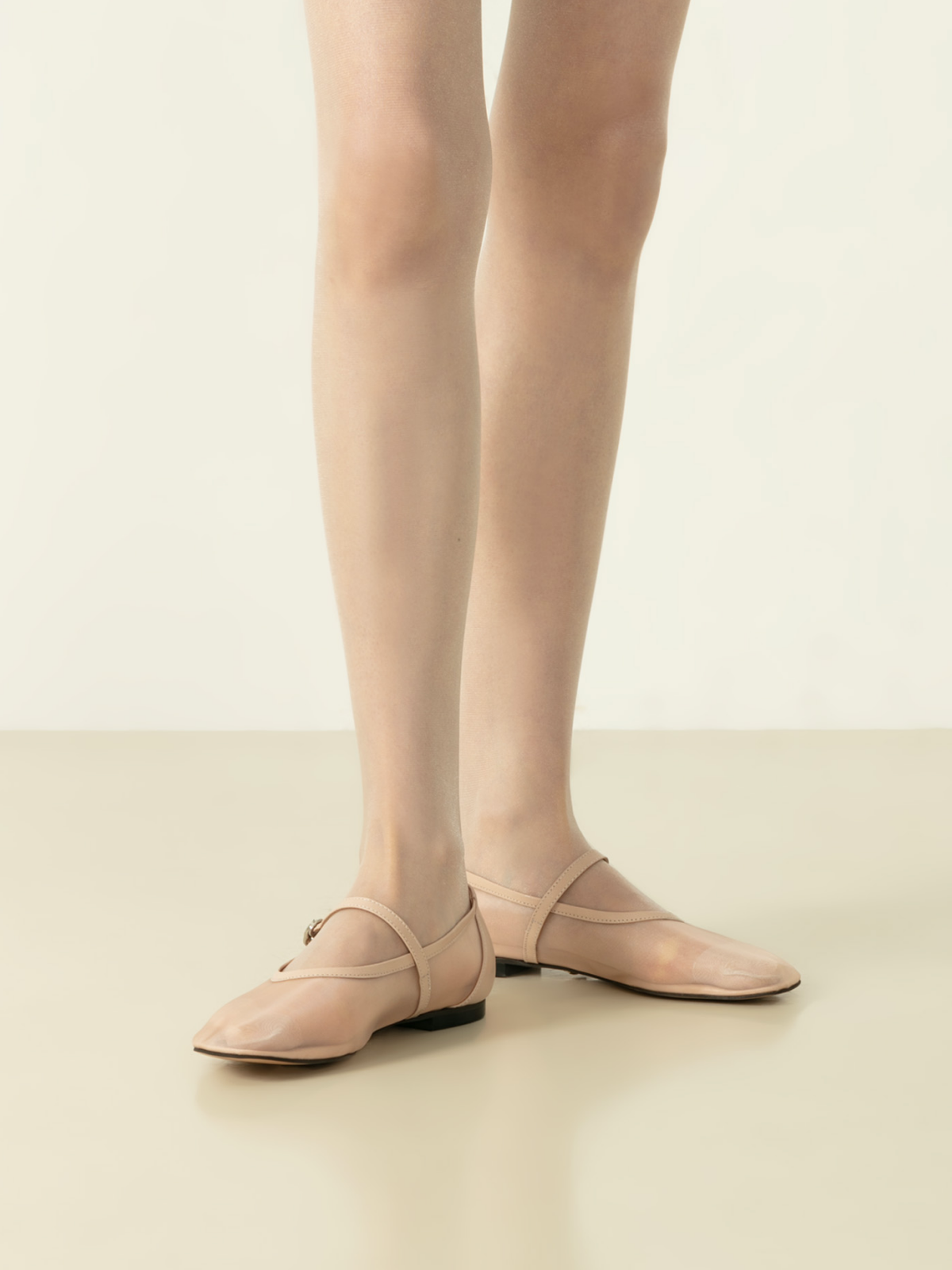 Nude Mesh Square-Toe Flats Mary Janes With Adjustable Strap