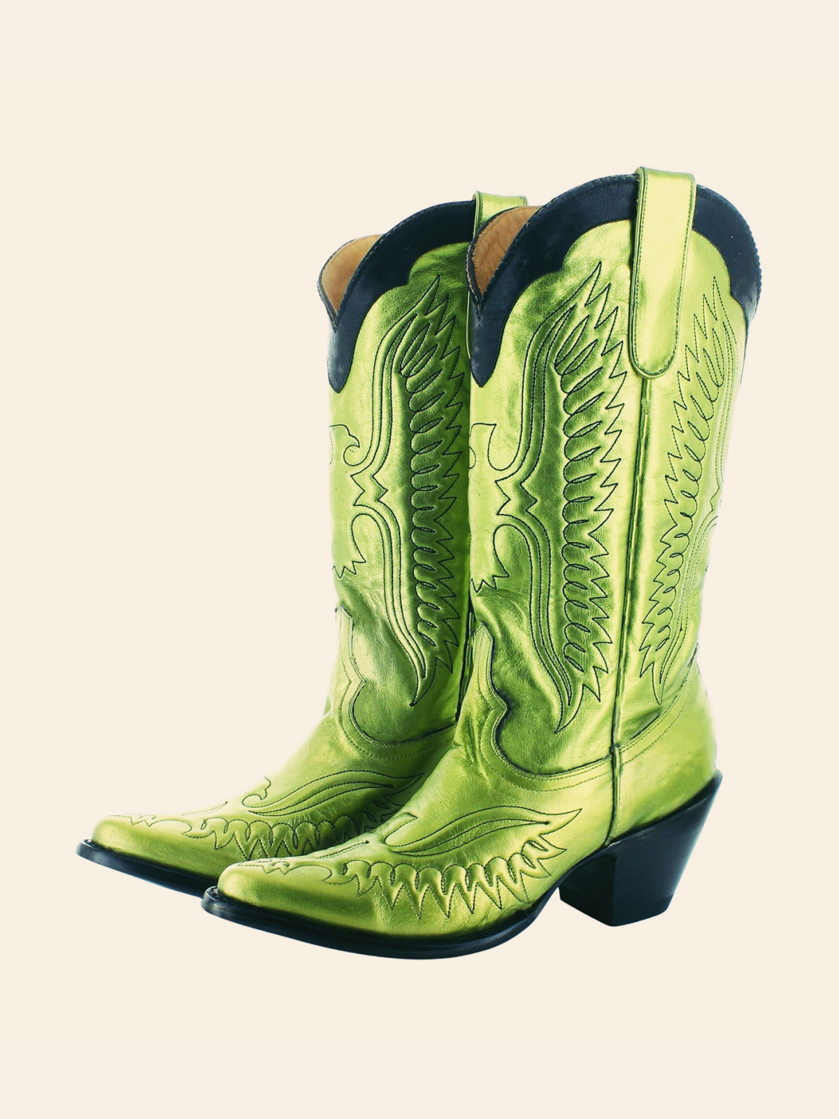 Metallic Green Eagle Embroidery Pointed-Toe Wide Mid Calf Cowgirl Boots With Black Collar