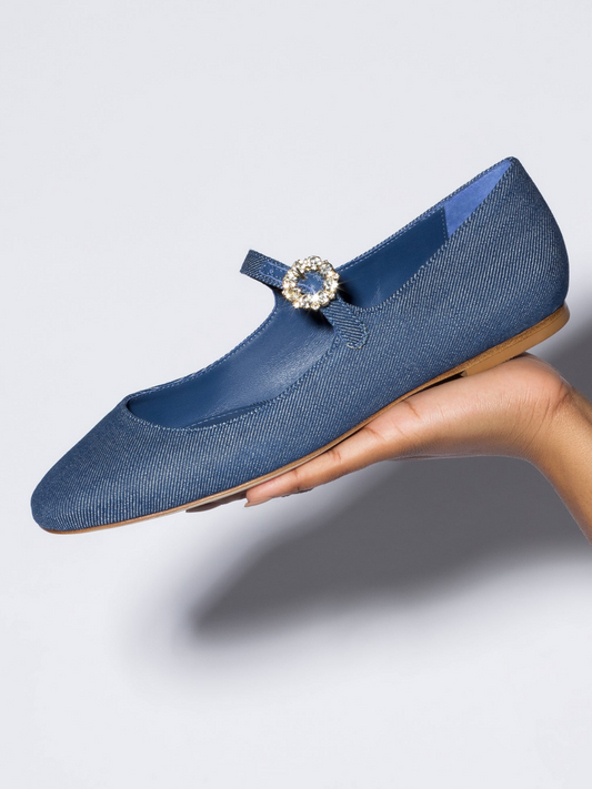 Blue Denim Round-Toe Bridge Starp Ballet Flats