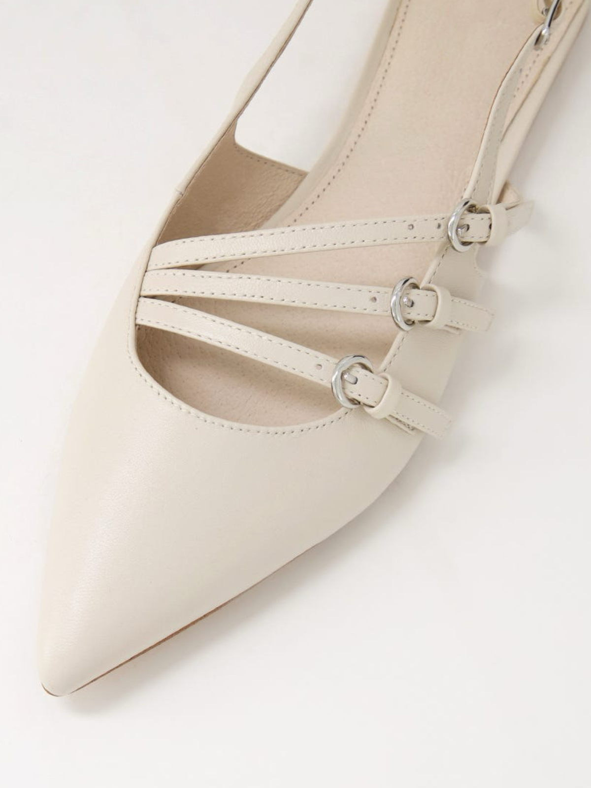 Cream Pointed-Toe Flats With Buckled Slingback