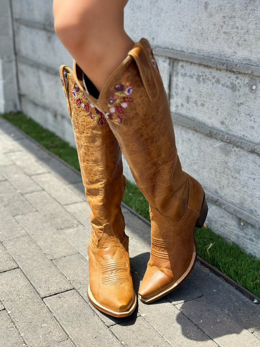 Distressed Tan Snip-Toe Colorful Floral Embroidery Half-Zip Tall Knee High Cowgirl Boots