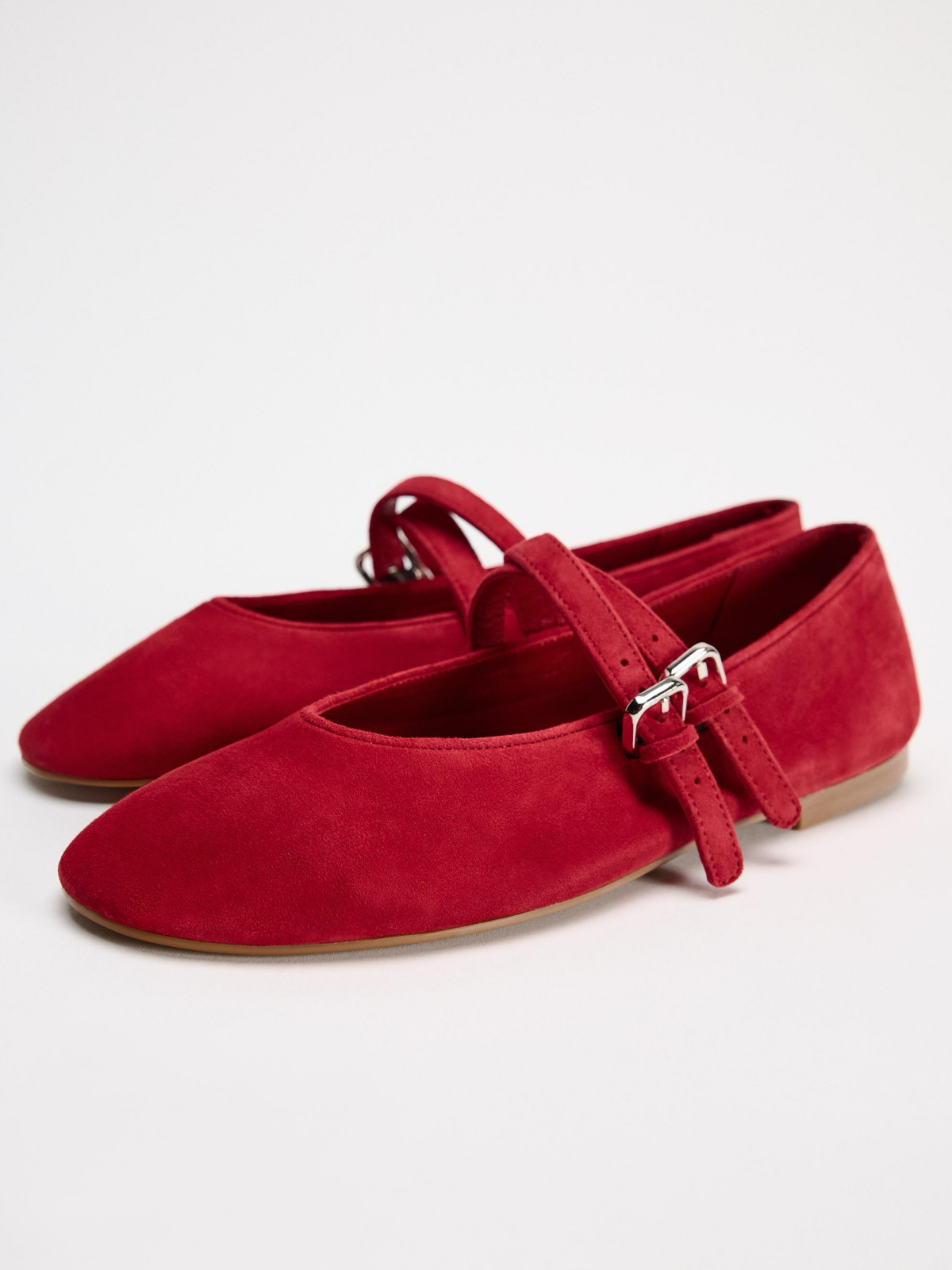 Red Faux Suede Round-Toe Ballet Flats Mary Janes With Double Strap