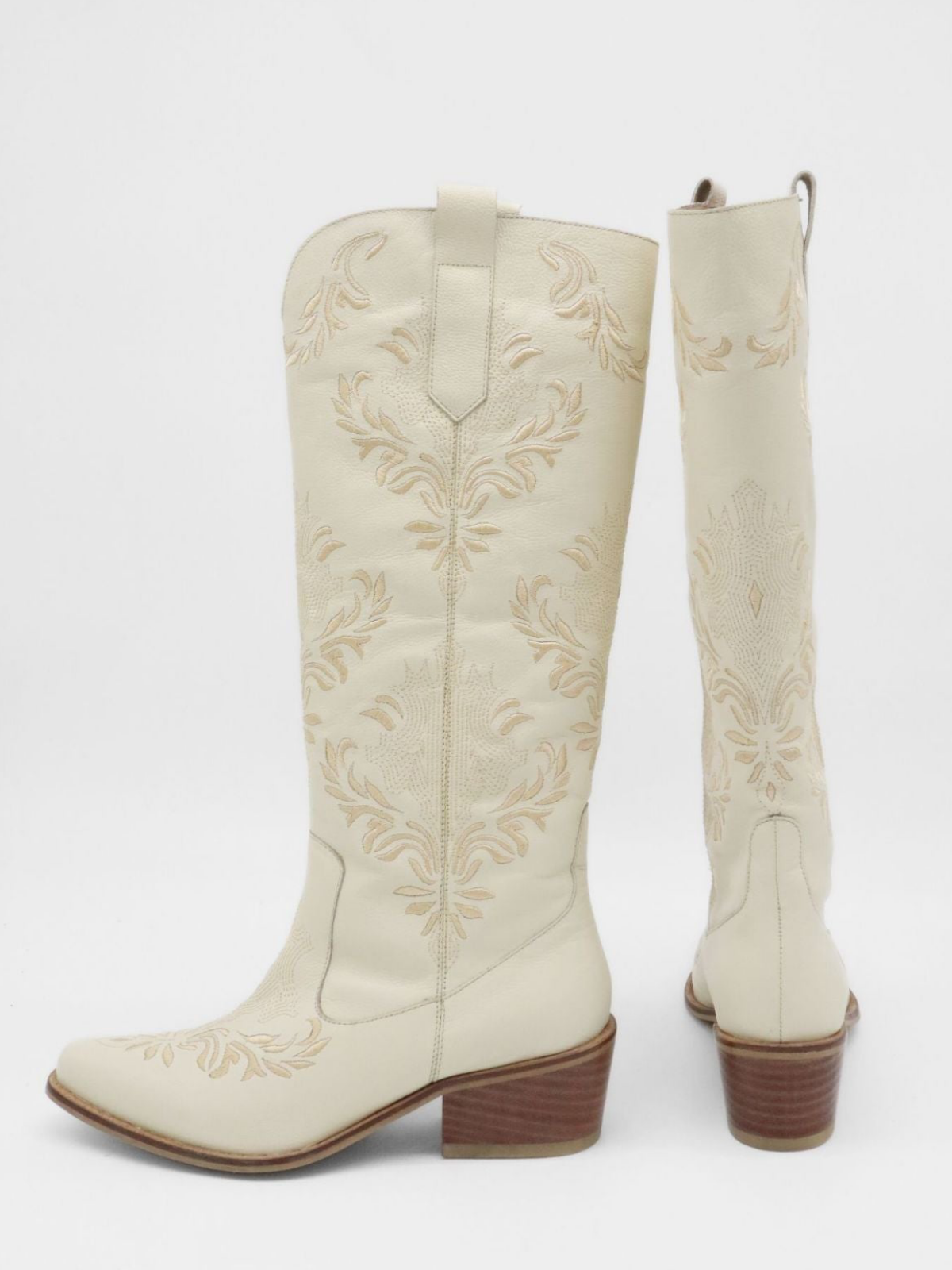 Ivory Snip-Toe Filigree Embroidery Wide Mid Calf Tall Cowgirl Boots