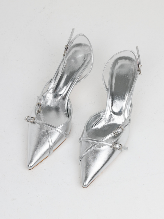 Metallic Silver Buckled Strappy Kitten Heels Slingback Courts Scarpin Pumps