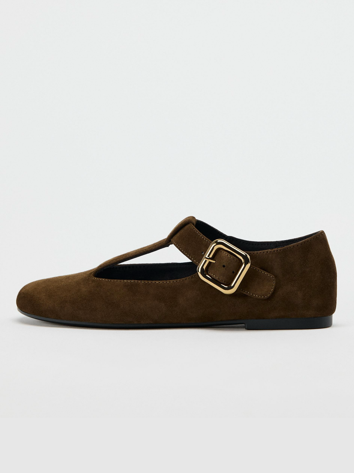 Dark Tan Round-Toe Mary Janes With Buckle Ballet Flats