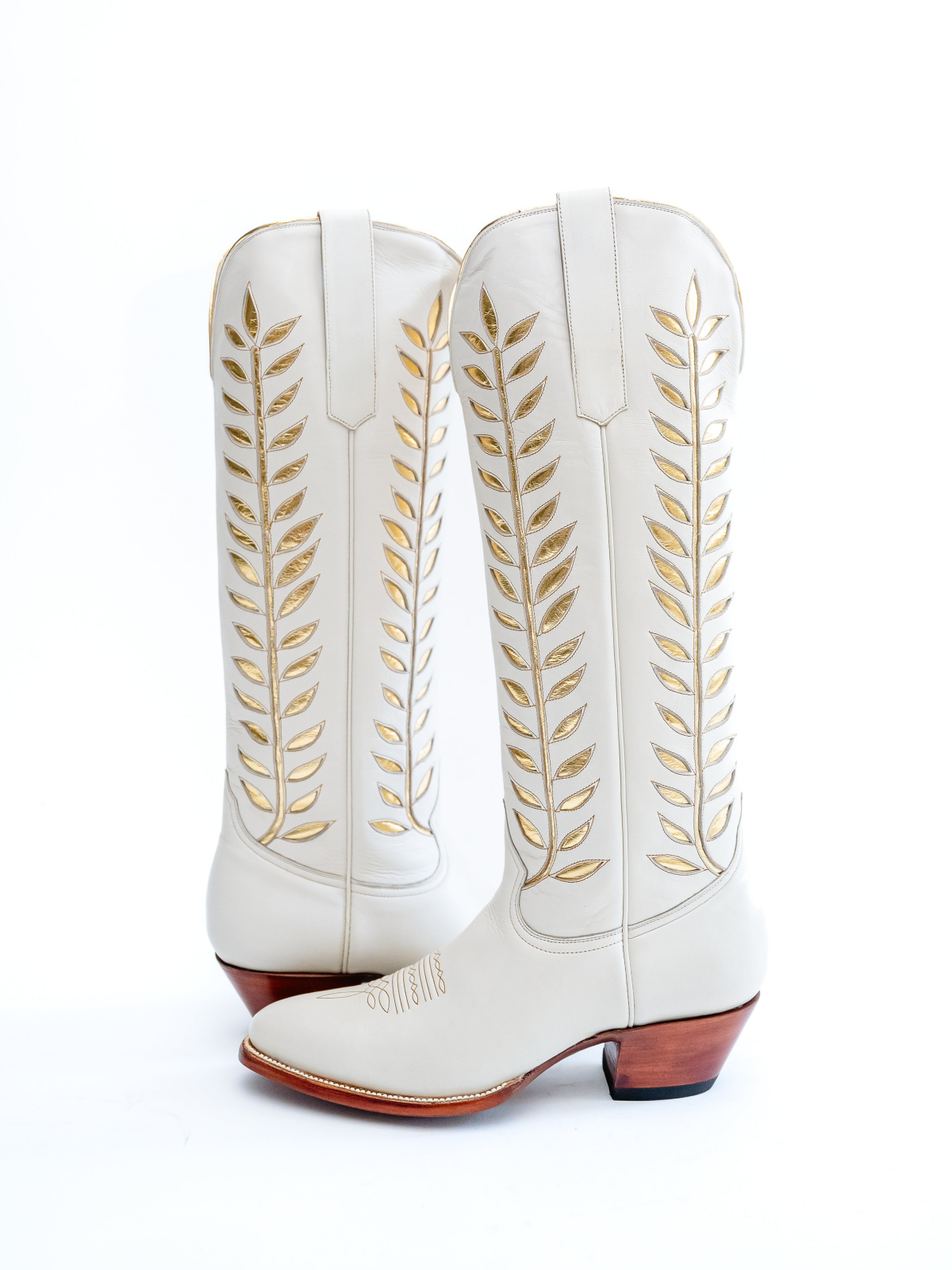 Almond-Toe Metallic Gold Leaves Inlay Wide Calf Tall Knee High Cowgirl Boots - White