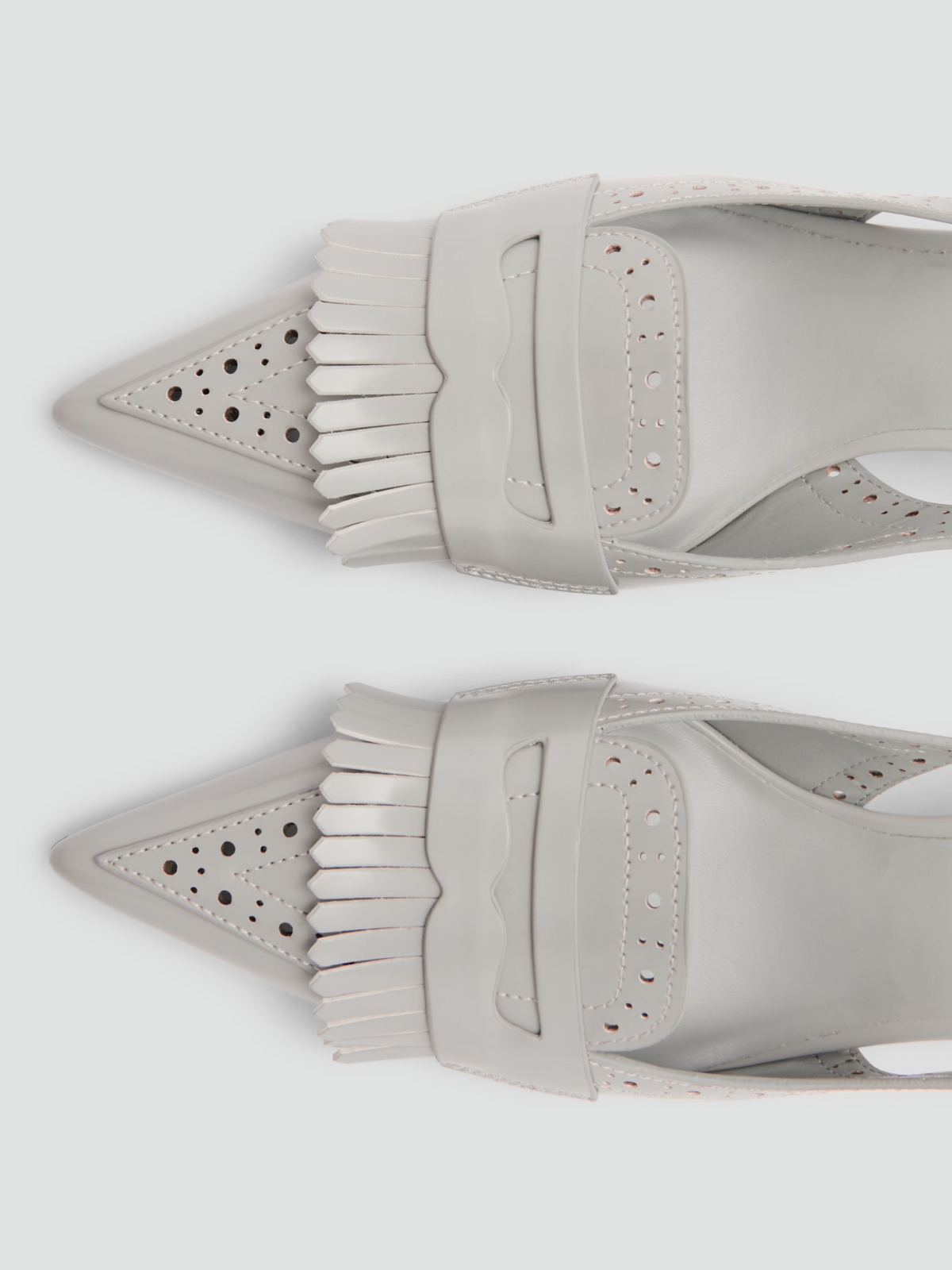 Gray Pointed-Toe Fringe Detail Cutout Slingback Kitten Heels