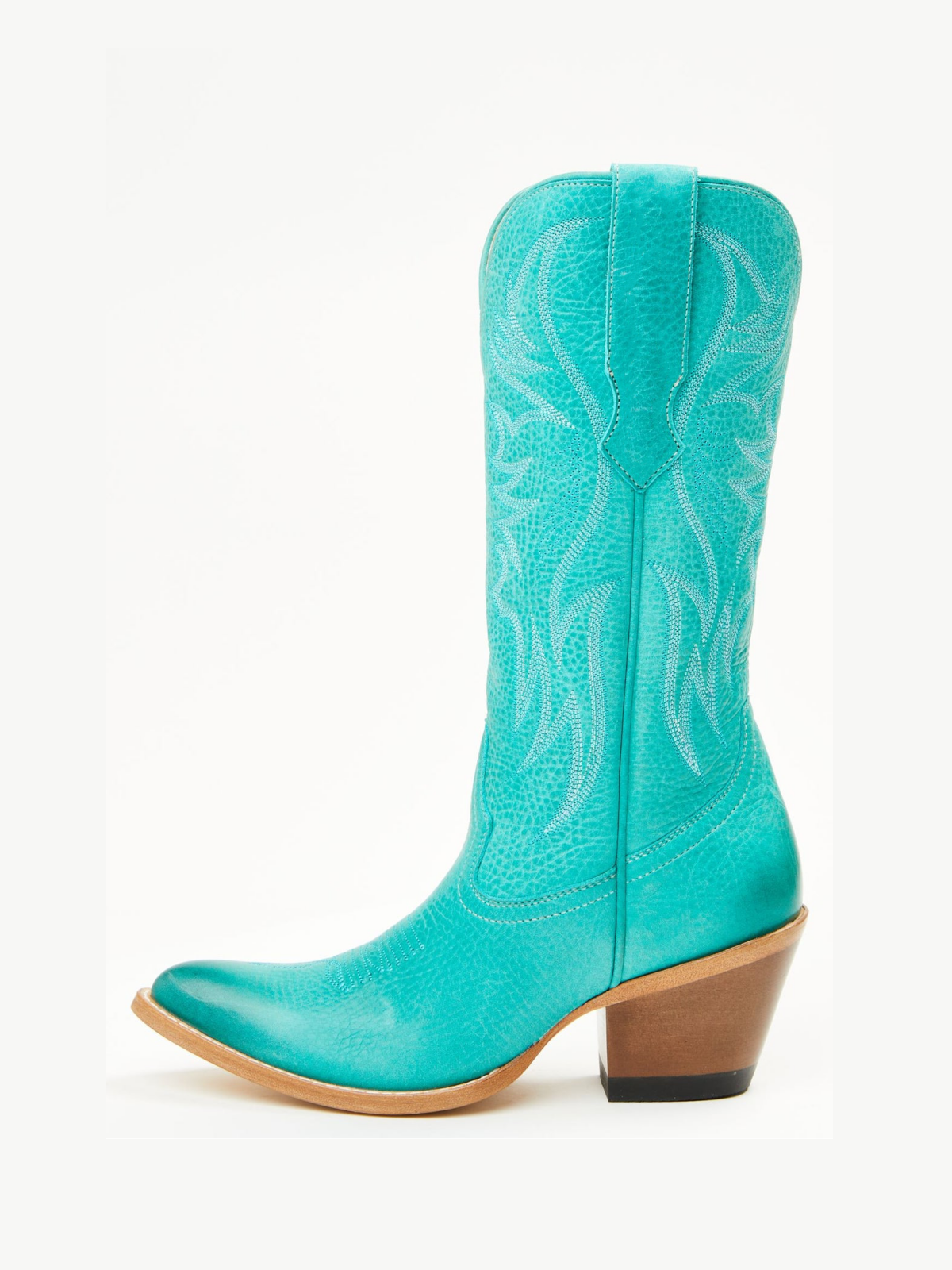Distressed Turquoise Almond-Toe Embroidery Mid Calf Cowgirl Boots