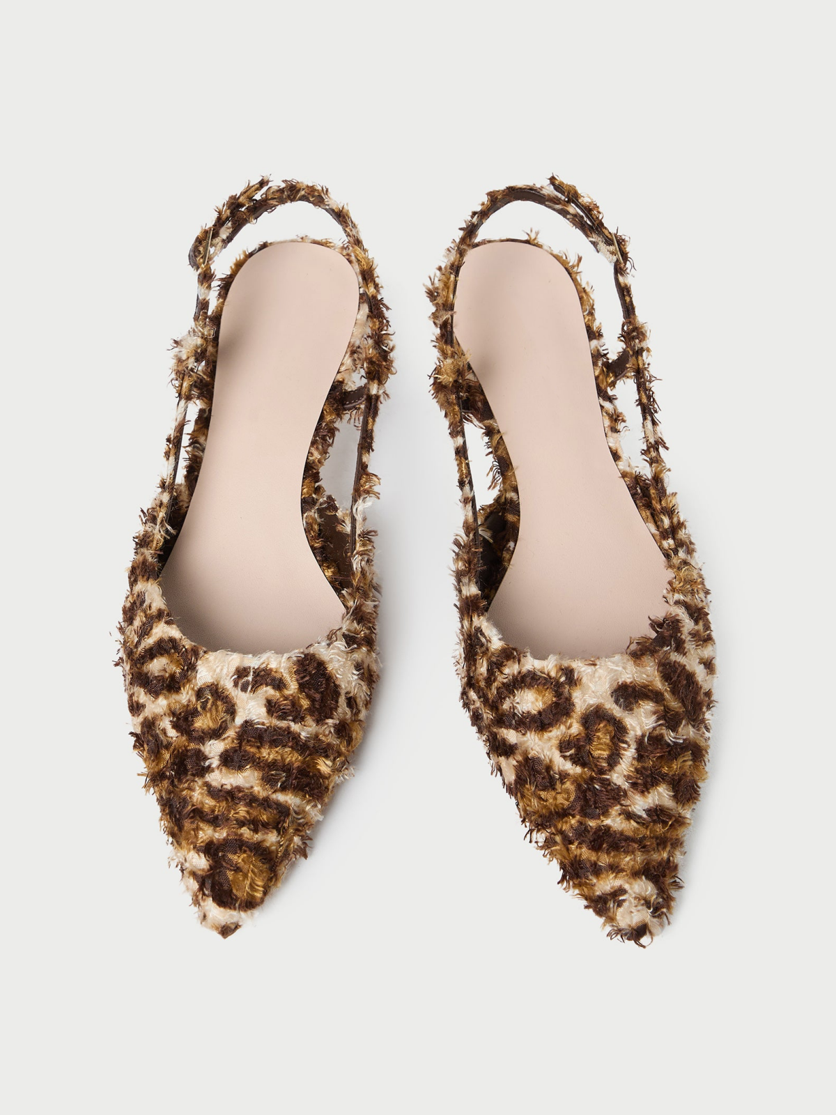 Leopard Plush Fabric Pointed-Toe Slingback Kitten Heels