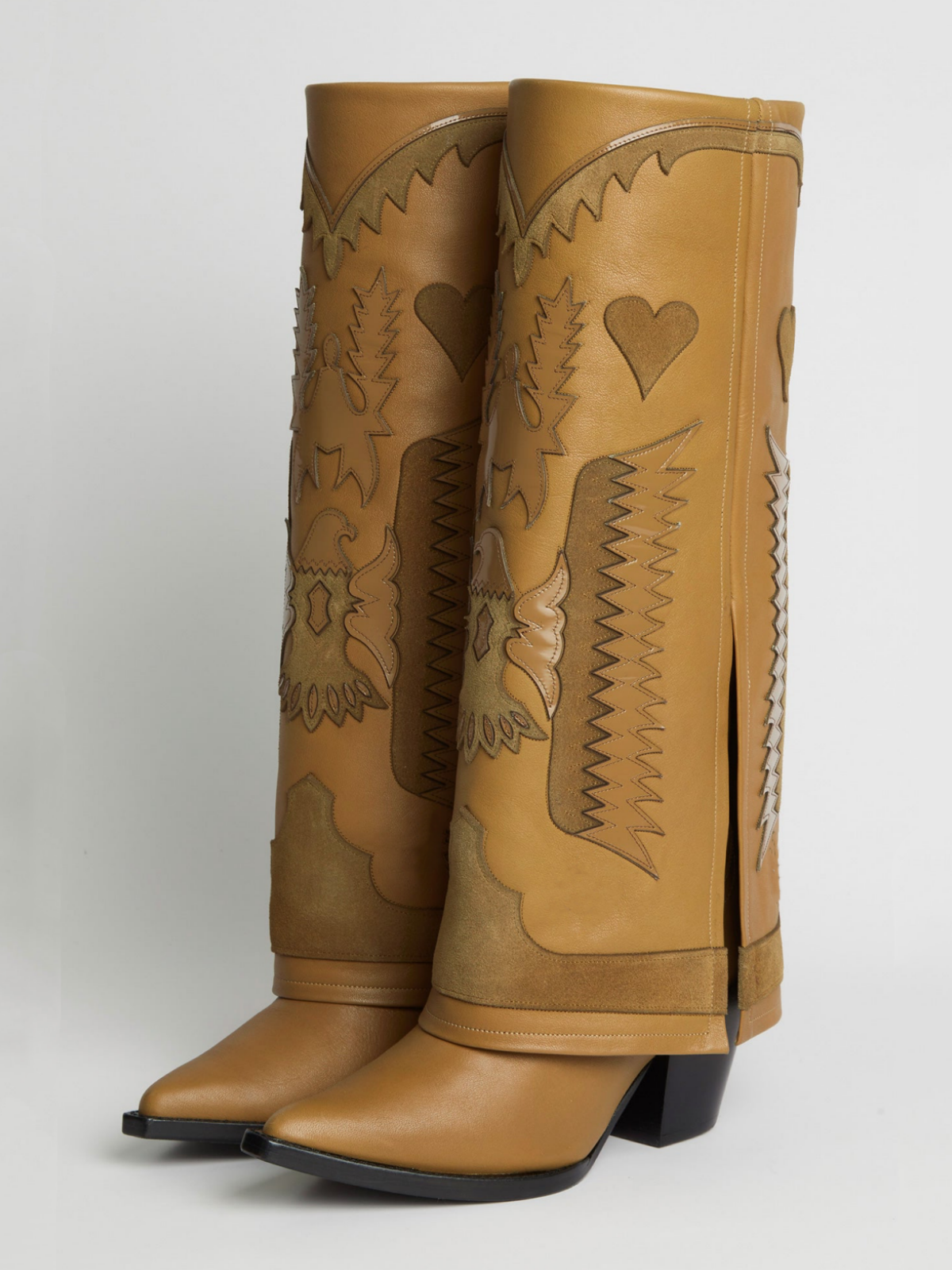 Fold-Over Panel Eagle And Heart Applique Snip-Toe Wide Mid Calf Boots - Camel