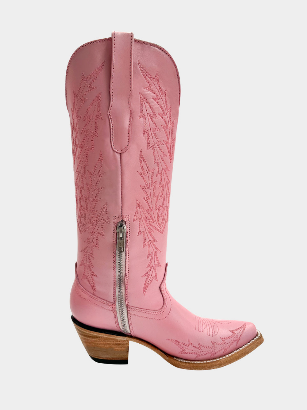 Snip-Toe Leaf Embroidery Half-Zip Mid Calf Tall Cowgirl Boots - Pink