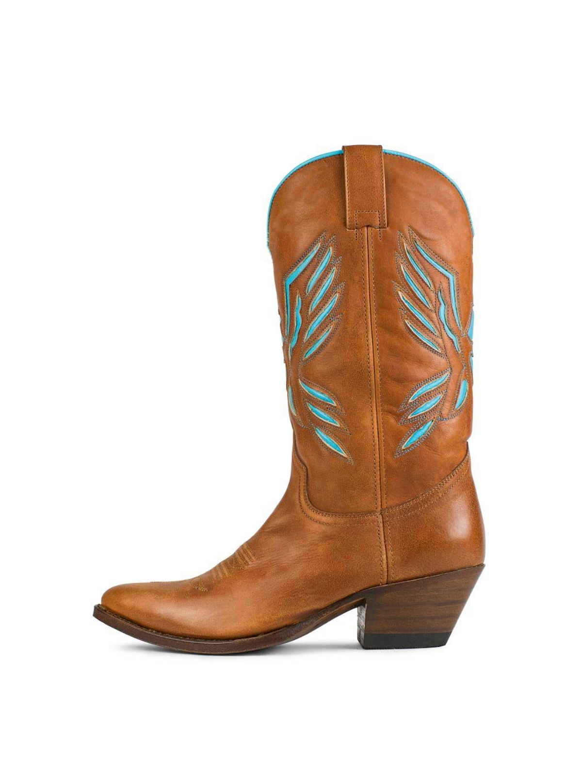 Brown Pointed-Toe Wide Mid Calf Cowgirl Boots With Turquoise Heart Thunderbird Inlay