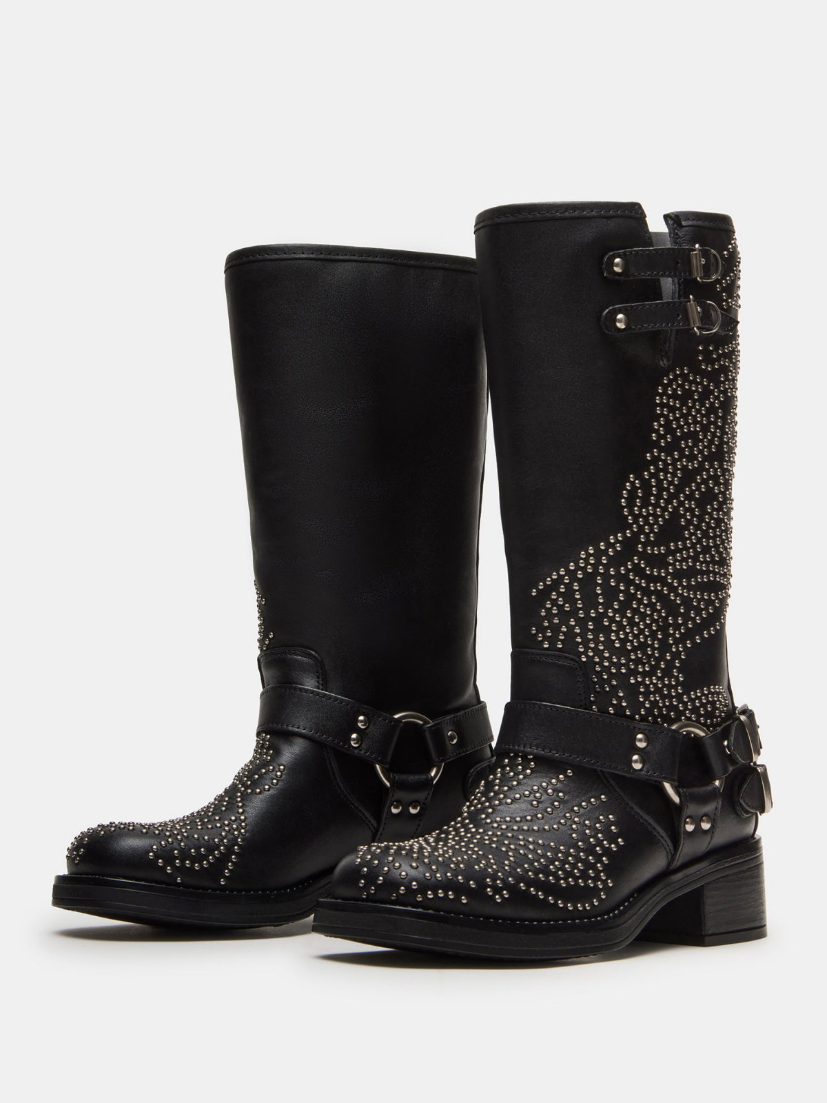 Black Square-Toe Studded Wide Mid Calf Cowgirl Boots With Buckles