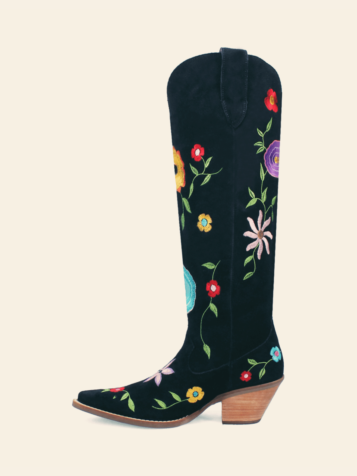 Black Flower Embroidery Faux Suede Wide Mid Calf Tall Cowgirl Western Boots