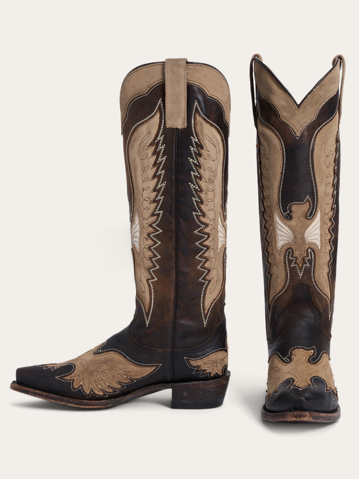 Dark Brown Snip-Toe Faux Suede Eagle Inlay Tall Wide Mid Calf Cowgirl Boots