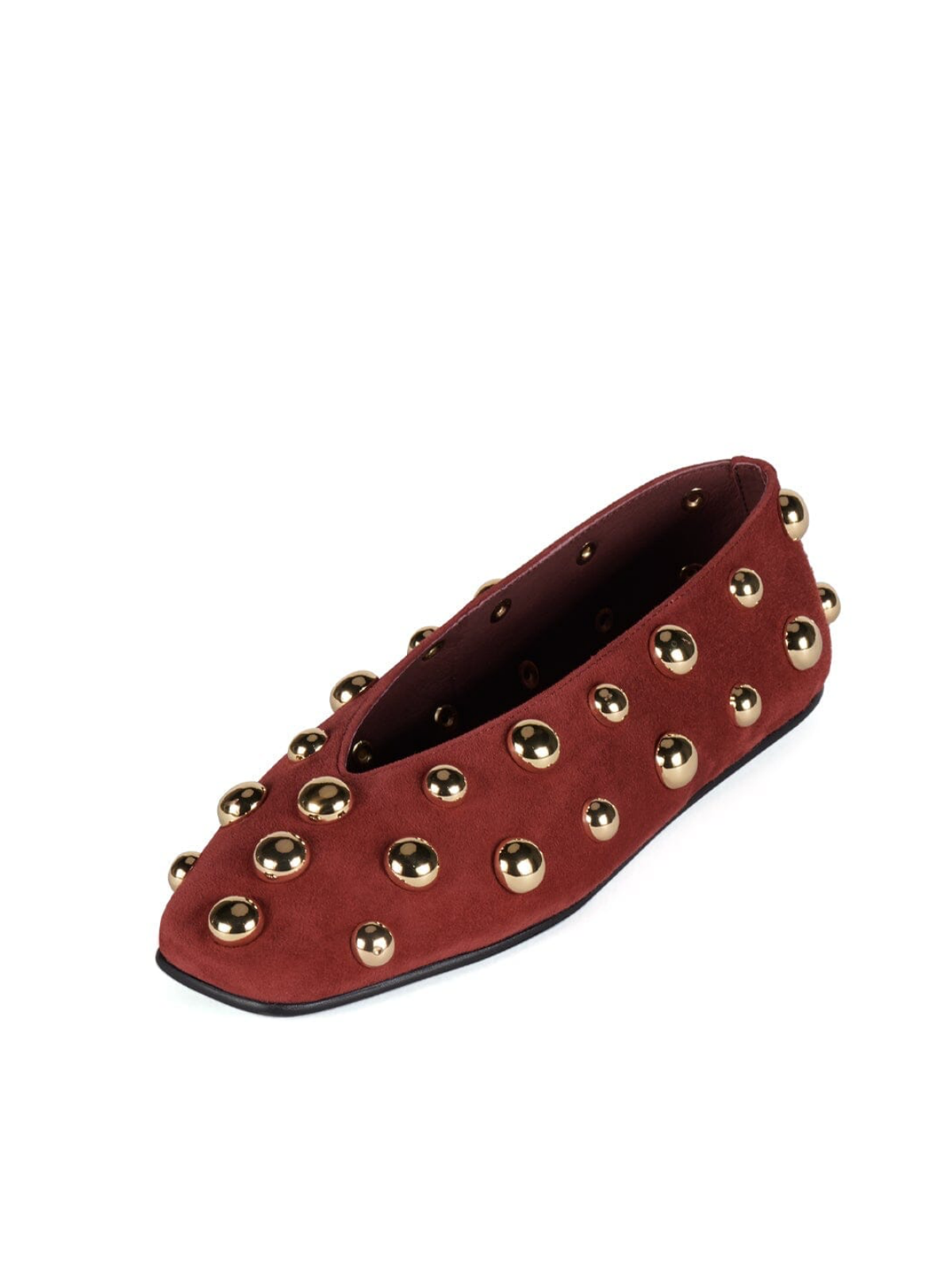 Brown Faux Suede Square-Toe Ballet Flats With Low V-Vamp And Studs