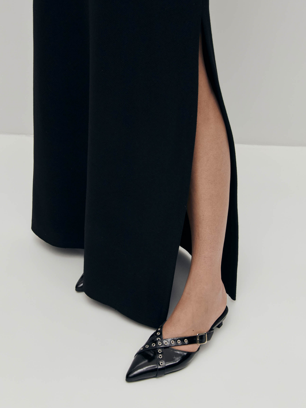 Patent Black Pointed-Toe Eyelet-Embellished Cross Straps Mules