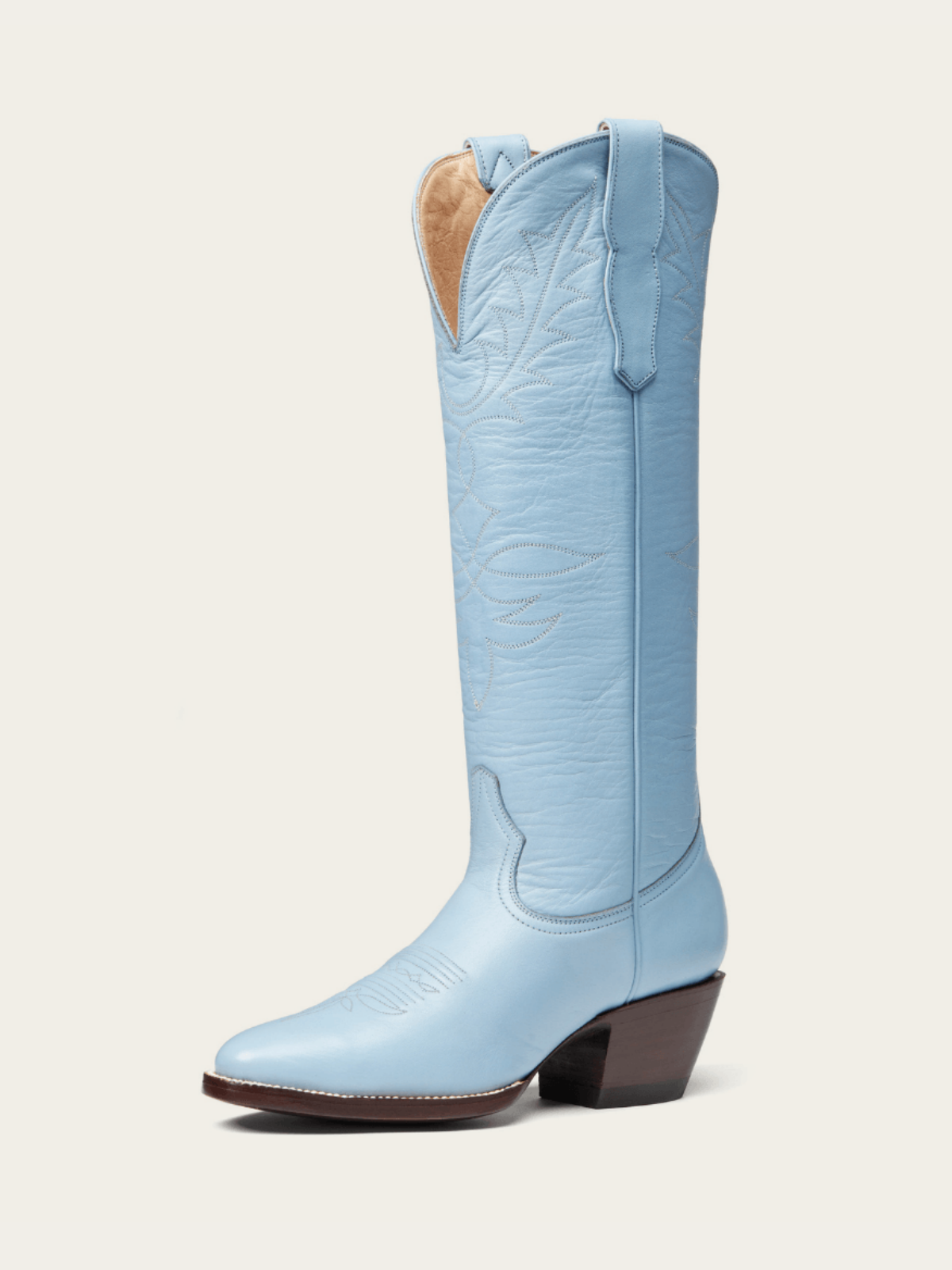 Powder Blue Vegan Leather Embroidery Almond-Toe Wide Mid Calf Tall Cowgirl Boots